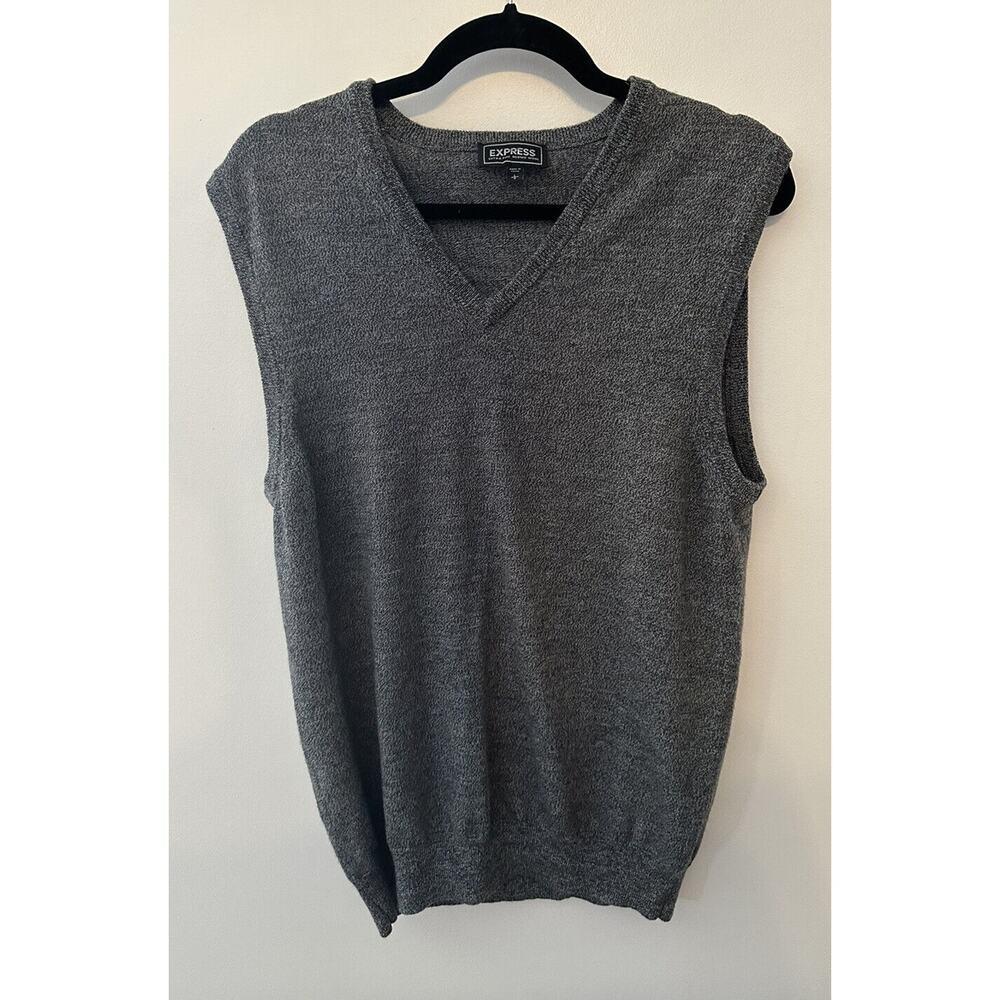 Mens Sweater Vest Express Design Studio Gray V-Neck Merino Wool Large Academic